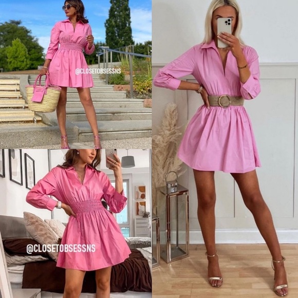 Zara Dresses & Skirts - Zara collard v neck pink mini dress — smocked waist long sleeves skater dress